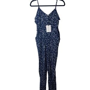 NEW 41 Hawthorne Large Navy‎ Floral Smocked Wide Leg Jumpsuit Women's